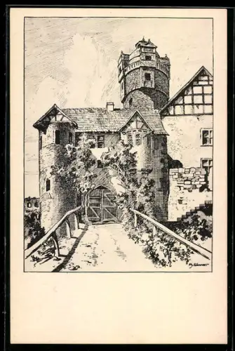Künstler-AK Ronneburg, Burgtor vom Weg gesehen