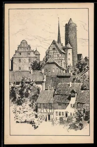 Künstler-AK Otto Ubbelohde: Schlitz /Hessen, Ortsansicht mit Turm, Fachwerkhäuser