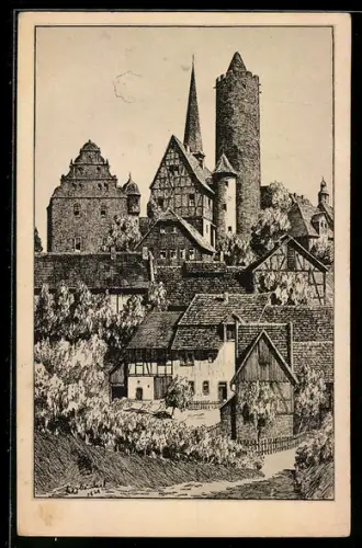 Künstler-AK Otto Ubbelohde: Schlitz /Hessen, Burg mit Rundturm