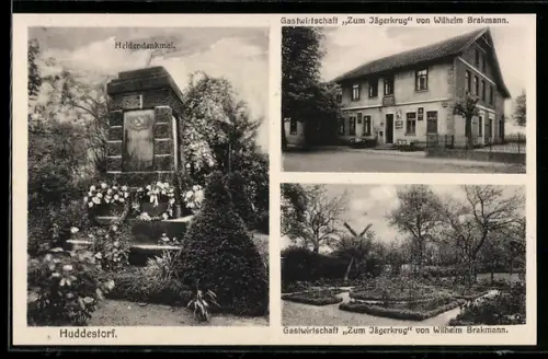 AK Huddestorf, Heldendenkmal, Gasthaus Zum Jägerkrug, Inh. Wilhelm Brakmann, Gartenanlage