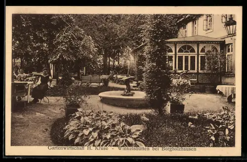 AK Winkelshütten /Borgholzhausen, Gasthaus Winkelshütten, Inh. H. Kruse, Gartenterrasse mit Brunnen