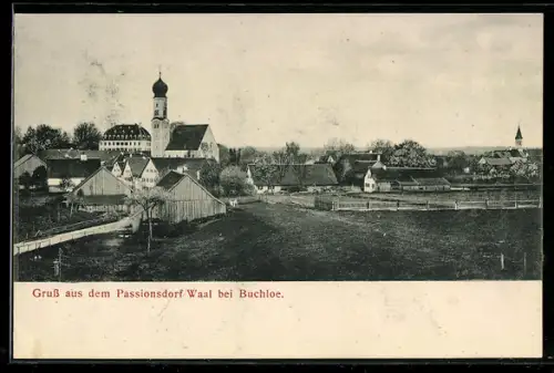 AK Waal bei Buchloe, Ortspanorama mit Kirche