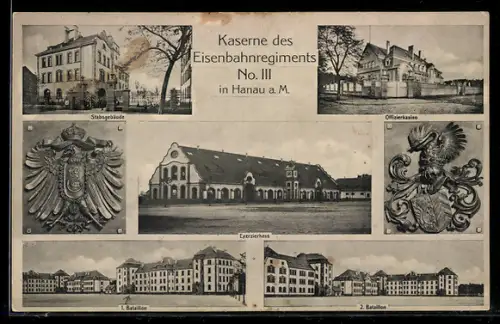 AK Hanau a. M., Kaserne des Eisenbahnregiments No. III, Exercierhaus, Stabsgebäude, Offizierscasino