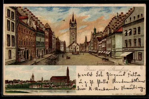 Lithographie Straubing, Ludwigsplatz mit Turm