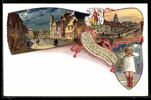 Künstler-AK Lauterbach, Stadtpartie, Wappen, Weinendes Kind