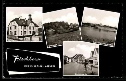 AK Fischborn /Gelnhausen, Schule, Graf-Dietrichs-Weiher, Strassenpartie