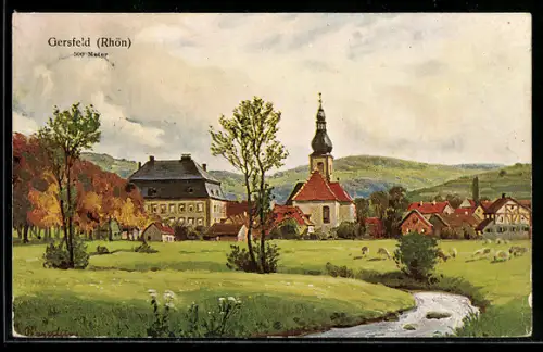Künstler-AK Gersfeld /Rhön, Kirche, Schloss, Ortsansicht
