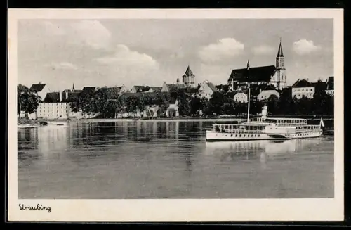 AK Straubing, Stadtansicht mit Kirche und Donaudampfer