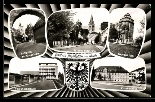 AK Ingelheim am Rhein, St. Remiguskirche, Bismarckturm, Krankenhaus