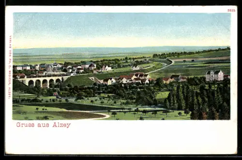 AK Alzey, Panorama mit Viadukt und Feldlandschaft