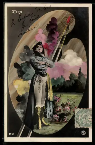 Foto-AK Atelier Reutlinger, Paris: Schauspielerin Otero auf einer Palette, Landschaft