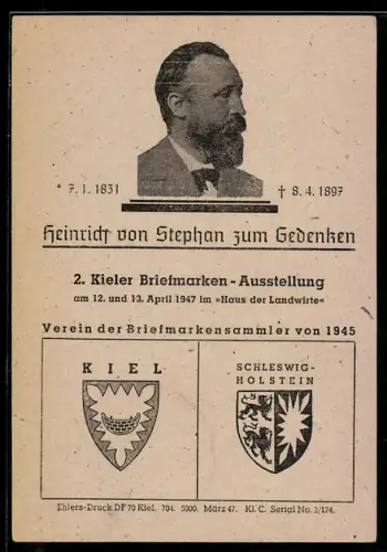 AK Kieler Briefmarken Ausstellung 1947, Portrait Heinrich von Stephan