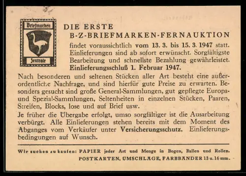 AK Crivitz i. Meckl., Erste B-Z-Briefmarken-Fernauktion 1947, Briefmarken-Zentrale Strauss