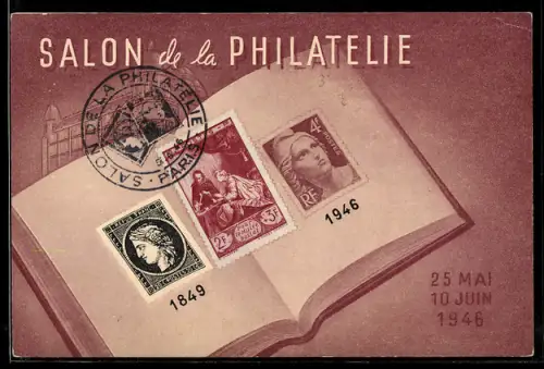 AK Salon de la Philatelie 1946, Buch mit Briefmarken