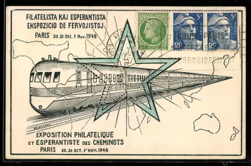 AK Paris, Filatelista Kaj Esperantista Ekspozicio de Fervojistoj 1948, Esperanto