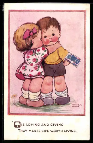 Künstler-AK sign. Phyllis M. Purser: Kinder bei einer Umarmung mit Geldschein