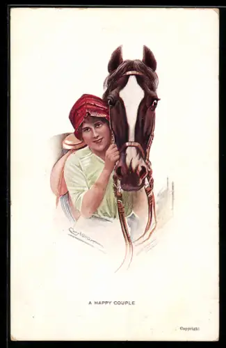 Künstler-AK sign. Curt Völker: A Happy Couple, Frau mit einem Pferd