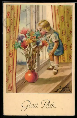 Künstler-AK sign. Jenny Nyström: Kind riecht an Blumen in einer Vase