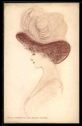 Künstler-AK sign. Jane Samuels: Hübsche und elegante Dame mit Hut im Profil