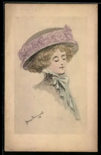 Künstler-AK sign. Jane Samuels: Hübsche Dame mit Hut im Halbprofil