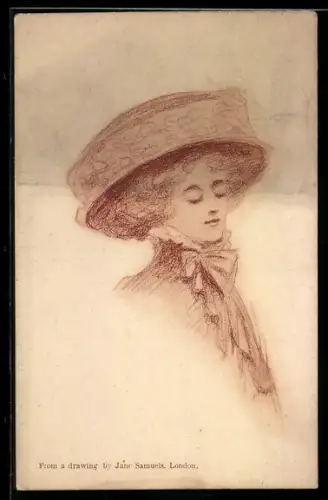 Künstler-AK sign. Jane Samuels: Hübsche Dame mit Hut im Halbprofil