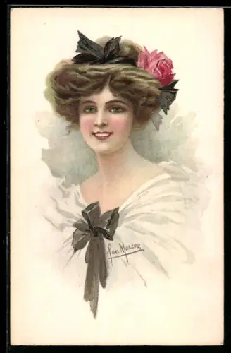 Künstler-AK sign. Jan Marcoz: Hübsche lächelnde Dame mit Rose im Haar
