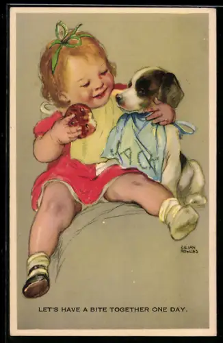 Künstler-AK sign. Lilian Rowles: Kleinkind mit einem niedlichen Hund