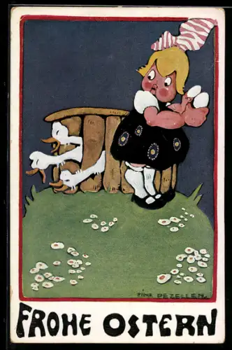 Künstler-AK sign. Tina Pezellen: Mädchen mit Eiern und Gänsen auf einer Wiese