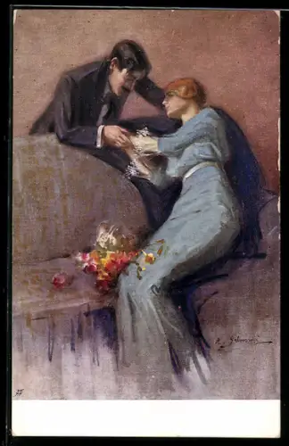 Künstler-AK sign. A. Salvarani: Liebesgeständnis, Hübsches Paar mit Blumenstrauss