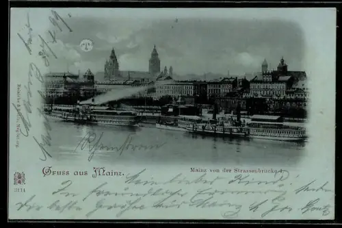 Mondschein-AK Mainz, Ansicht von der Strassenbrücke auf Stadt und Dom