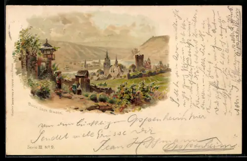 Lithographie Bingen, Blick über Stadt, Kirche, Burgruine