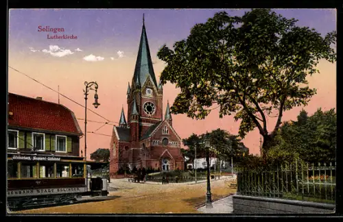 AK Solingen, Lutherkirche, Strassenbahn