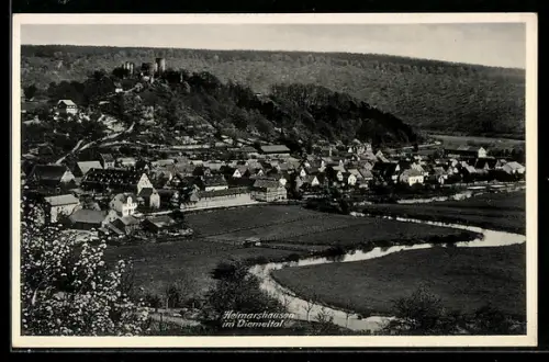 AK Helmarshausen im Diemeltal, Ortsansicht mit Burg und Fluss