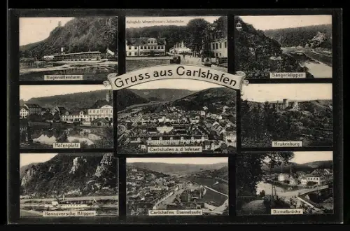 AK Carlshafen a. d. Weser, Hafenplatz, Diemelbrücke, Hugenottenturm, Krukenburg, Hannoversche Klippen