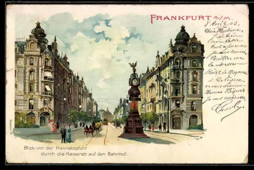 Lithographie Frankfurt a. M., Mannskopfuhr, Kaiserstrasse, Bahnhof