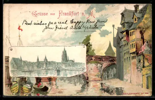 Lithographie Alt-Frankfurt, Mainufer, Brücke, Kaiserdom