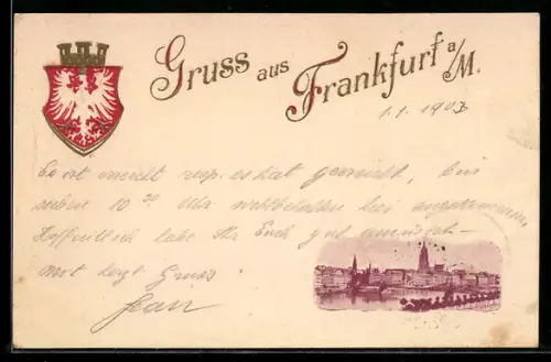 Präge-Lithographie Alt-Frankfurt, Stadtwappen, Ortsansicht mit Dom und Mainufer