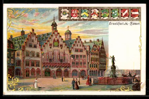 Lithographie Alt-Frankfurt, Römer, Gerechtigkeitsbrunnen, Wappen