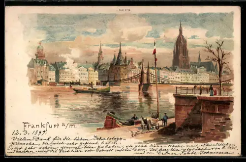 Lithographie Alt-Frankfurt, Mainufer, Alte Brücke, Dom