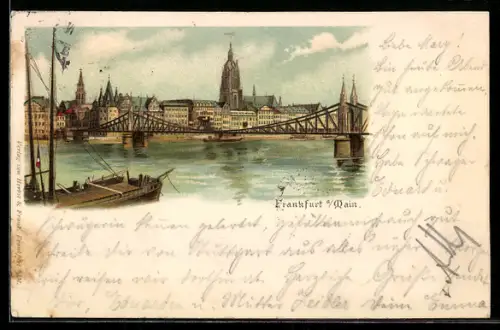Lithographie Alt-Frankfurt, Brücke, Dom, Stadtansicht