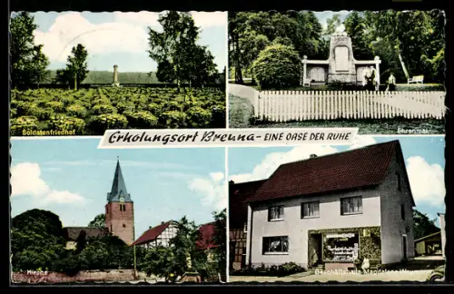 AK Breuna, Soldatenfriedhof, Ehrenmal, Kirche, Geschäftshaus Magdalene Weumann
