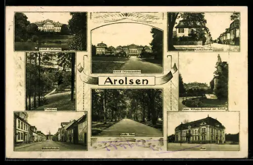 AK Arolsen, Schloss, Post, Kaiser Wilhelm-Denkmal, Bahnhofstrasse, Grosse Allee