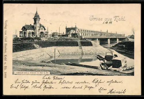 AK Kehl a. Rh., Bahnhof, Eisenbahnbrücke, Schiffsanleger