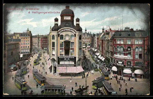 AK Hamburg-Neustadt, Graskeller, Heiligengeistbrücke, Strassenbahnen