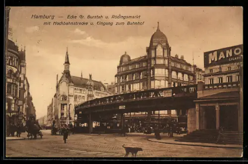 AK Hamburg, Ecke Gr. Burstah und Rödingsmarkt, Hochbahnstrecke, Eingang zum Bahnhof