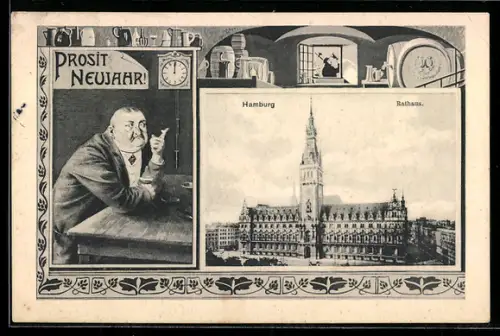 AK Hamburg, Rathaus, Neujahrsgruss 1908 Fa. Speer & Oehlerich