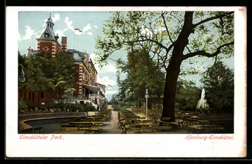 AK Hamburg-Eimsbüttel, Eimsbütteler Park, Gasthaus mit Terrasse, Springbrunnen
