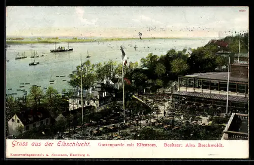 AK Hamburg-Othmarschen, Gaststätte Elbschlucht, Gartenpartie mit Elbstrom, Besitzer Alex Breckwoldt