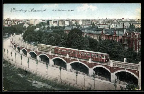 AK Hamburg-Barmbeck, Hochbahnstrecke mit Stadtansicht