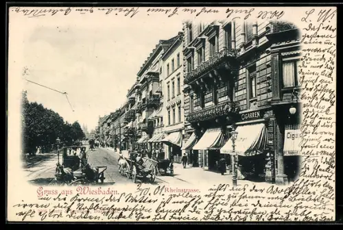 AK Wiesbaden, Rheinstrasse, Fuhrwerke, Cigarrenladen